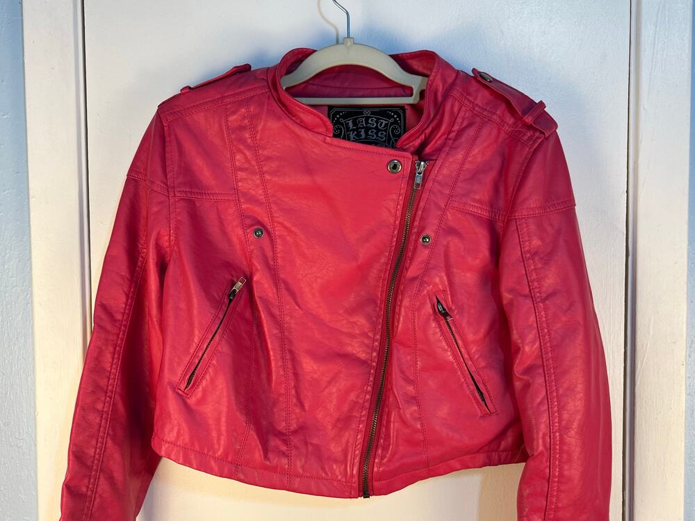 VTG Y2K Last Kiss Moto Jacket Large Pink Faux Leather Punk Festival Bikercore